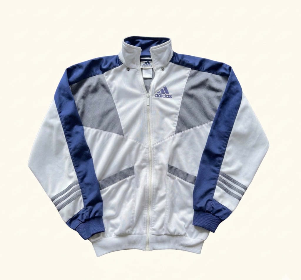 Chaqueta Adidas Vintage Tricot Brillante Plata y Azul – Track Jacket Y2K – Talla S/M